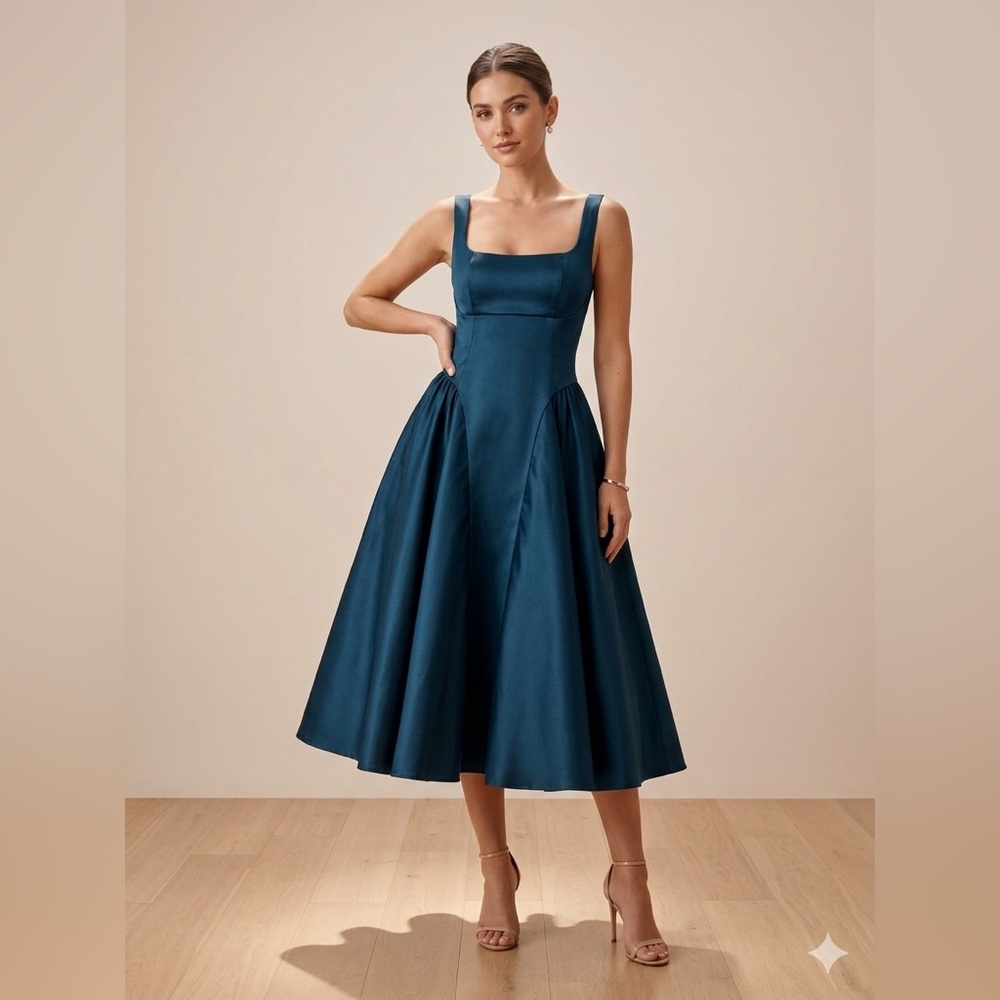 Elegant Teal Square-Neck Midi Dress